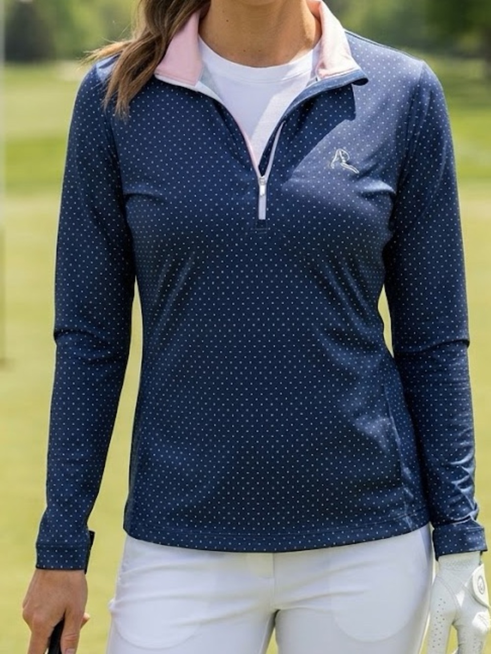 Rhoback Women's "The Stateside Dot" Navy Pink Polka Dot Performance Quarter Zip